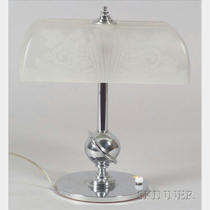 Art Deco Decorated Glass and Chrome Plated Table Lamp