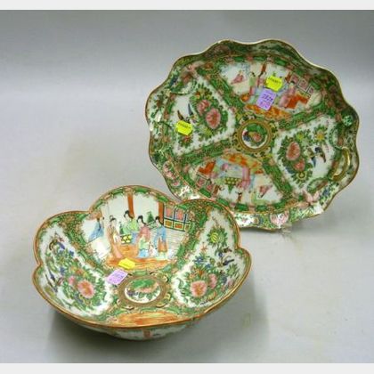 Chinese Export Porcelain Rose Medallion Scalloped-rim Bowl and Oval Dish