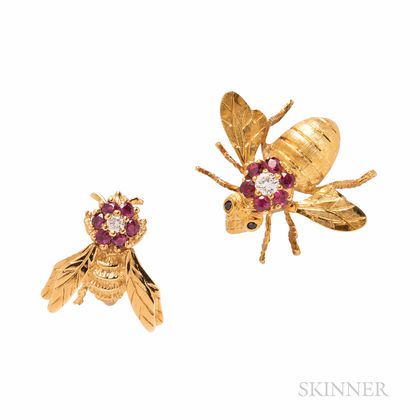 Two Gold, Ruby, and Diamond Insect Brooches