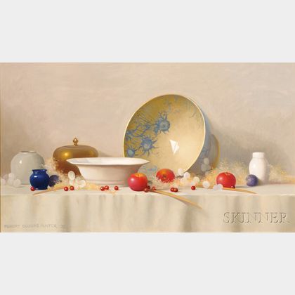 Robert Douglas Hunter (American, 1928-2014) Still Life with Ceramic and Brass Vessels, Fruit, and Flowers