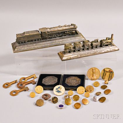 Group of Metal Railroad and Fire Objects, Buttons, Tokens, and Keys