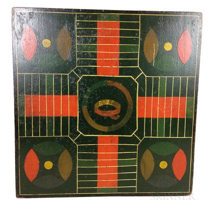 Small Polychrome Painted Wood "Home" Parcheesi Game Board