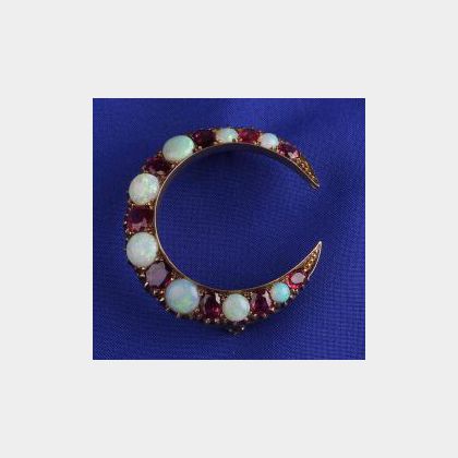 Antique Opal and Ruby Crescent Brooch