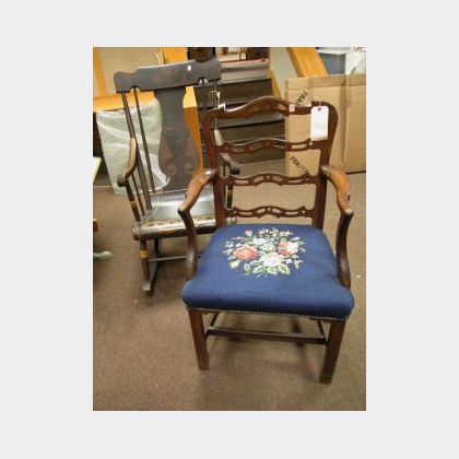 Pennsylvania Paint Decorated Rocking Armchair and a Chippendale Needlepoint Upholstered Mahogany Armchair. 