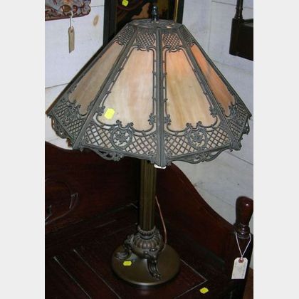 Victorian-style Patinated Metal and Octagonal Slag Glass Table Lamp