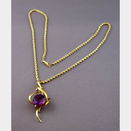 Argentinean 18kt Brushed Gold, Diamond, and Amethyst Pendant/Brooch and a 14kt Gold Ropetwist Chain. 