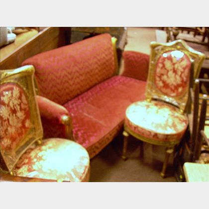 Pair of Louis XVI Style Upholstered Carved Giltwood Side Chairs and an Art Deco Upholstered Carved Giltwood Set... 