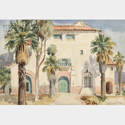 Mary Jencques Coulter (American, 1880-1966) View of a Mission Revival Style Home / A California Landscape