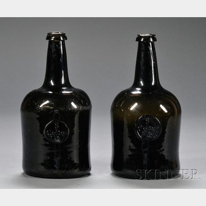 Two Olive-Amber Blown Glass Wine Bottles with "S Colton 1767" Seal