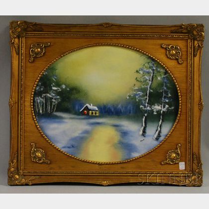 Framed Enamel Plaque Depicting a Cottage in a Landscape