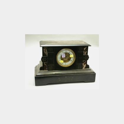 French Black Marble Tabernacle Mantel Clock, 