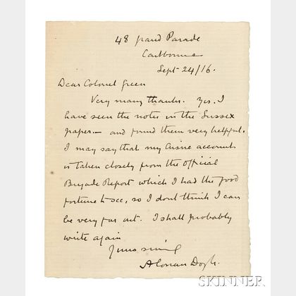 Doyle, Sir Arthur Conan (1859-1930) Autograph Letter Signed, 24 September 1916.