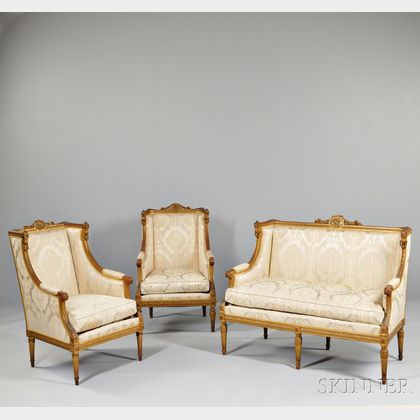 Three-piece Louis XVI-style Giltwood Seating Suite