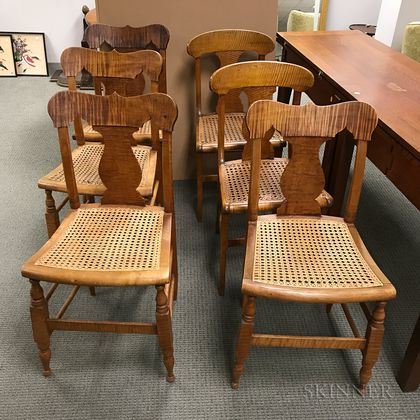 Six Tiger Maple Caned-seat Side Chairs. Estimate $300-400