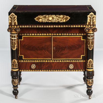 Carved Mahogany and Mahogany Veneer Ebonized and Gilt-stenciled Chamber Table
