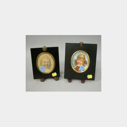 Two Gilt-metal Mounted Black Lacquer Framed Portrait Miniatures of Comical Figures