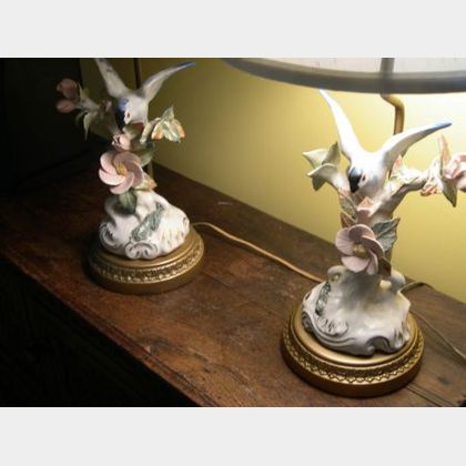Pair of Continental Porcelain Bird/Floral Figural Boudoir Table Lamps, a Venetian Art Glass Mirrored Plateau and Table Lamp. 