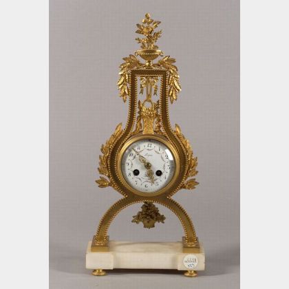 Louis XVI Style Brass and White Marble Lyre-form Mantel Clock