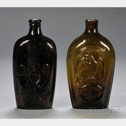 Two Colored Blown-molded Glass Historical Flasks