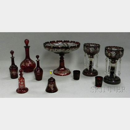 Ten Bohemian Etched Ruby Flash Art Glass Table Items