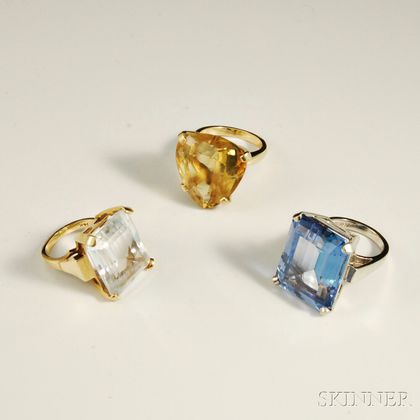 Three 14kt Gold and Large Synthetic Stone Rings