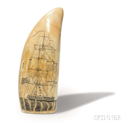Scrimshaw Whale's Tooth Decorated with a Constitution Class Frigate