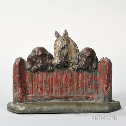 Cast Lead/Pewter and Paint-decorated Horse and Dogs Doorstop