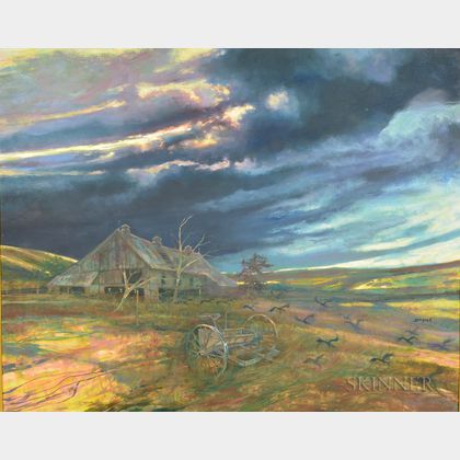 Stephen Bagnell (American, 1930-1996) Barn, Plow, and Crows Under Stormy Skies