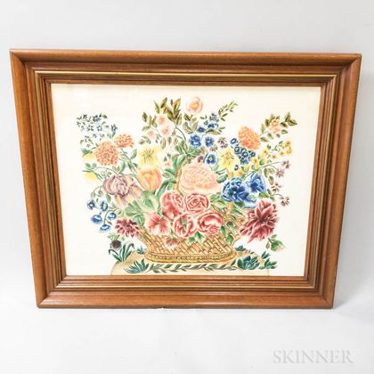 Framed Watercolor on Velvet Theorem of a Basket of Flowers