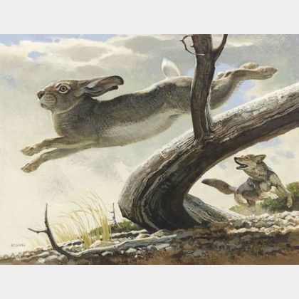 Bob (Robert F.) Kuhn (American, b. 1920) White Tailed Jack Rabbit and Coyote