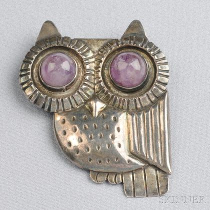 Silver and Amethyst Owl Brooch, William Spratling