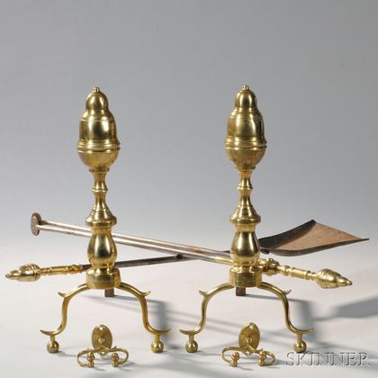 Pair of Federal Brass and Iron Acorn-top Andirons, Tools, and Jamb Hooks