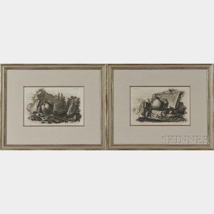 Giovanni-Battista Nolli (Italian, 1692-1756) Two Engravings of Antique Vessels in Landscapes