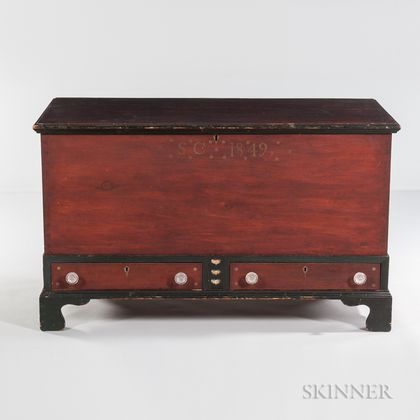 Paint-decorated and Carved Dower Chest over Two Drawers