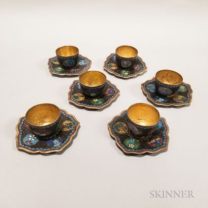 Set of Six Cloisonne Cups and Saucers