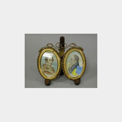 Gilt-metal Framed Double Portrait Miniature on Ivory of a Dandy and Friend