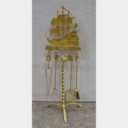 Baroque-style Brass Sailing Ship Figural Hearth Stand with Five Tools. 