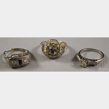 Three Art Deco White Gold and Diamond Rings