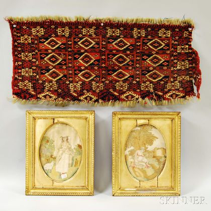Two Framed Silk and Watercolor Needlework Pictures and a Small Tekke Mat. Estimate $100-150