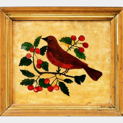 Framed Reverse-painted Glass "Tinsel" Picture of a Bird and Berries