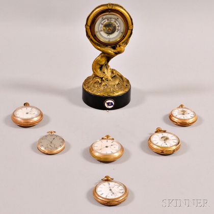 Six Gold-filled Elgin Pocket Watches, an A.W. Co. Pocket Watch, and a German Desk Barometer. Estimate $250-350