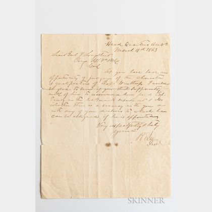 Lee, Robert E. (1807-1870) Letter Signed, 18 March 1863.