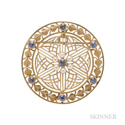 Art Nouveau 14kt Gold, Sapphire, and Pearl Pendant/Brooch