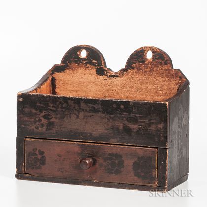 Black-painted and Stencil-decorated Wall Box with Single Drawer