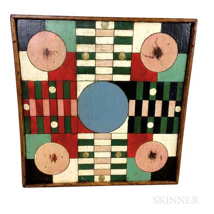 Polychrome Painted Wood Parcheesi Game Board