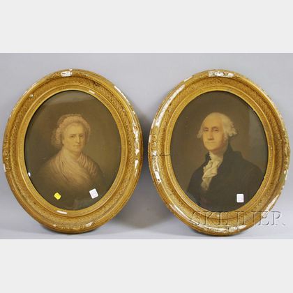 Framed Lithograph Portraits of George and Martha Washington and N. Currier Lithograph Portrait of King William III. Crossing the Boy...