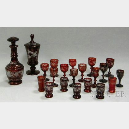 Bohemian Etched Ruby Flash Art Glass Decanter and Nineteen Cordial and Wine Stems
