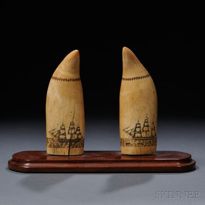 Matched Pair of Scrimshaw Whale's Teeth Decorated with Panoramic Whaling Scenes