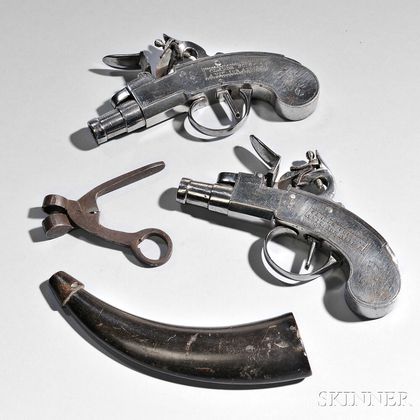 Pair of Iron-frame French Flintlock Boxlock Pistols, Bullet Mold, and Horn