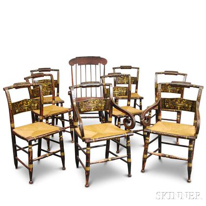 Eight Paint-decorated Hitchcock Chairs and an Armed Rocking Chair. Estimate $300-500